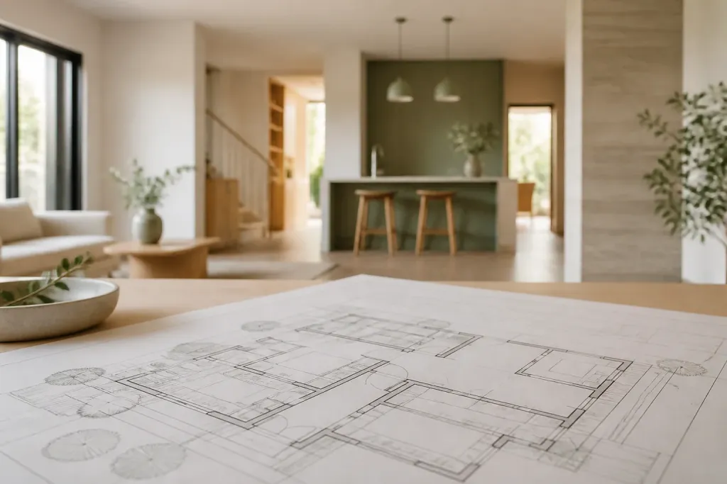 Plan architectural posé devant une aire de vie lumineuse avec cuisine verte et boiseries