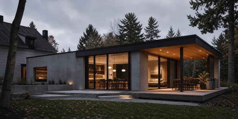 Agrandissement contemporain vitré à toit plat relié à une maison traditionnelle