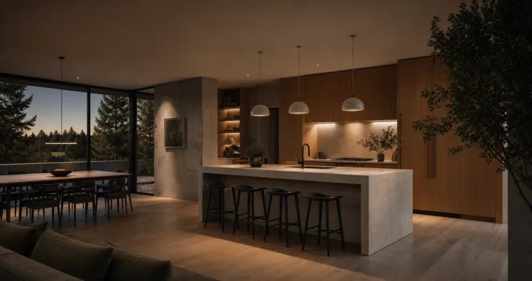 Cuisine rénovée avec îlot en béton, armoires en bois et éclairage suspendu